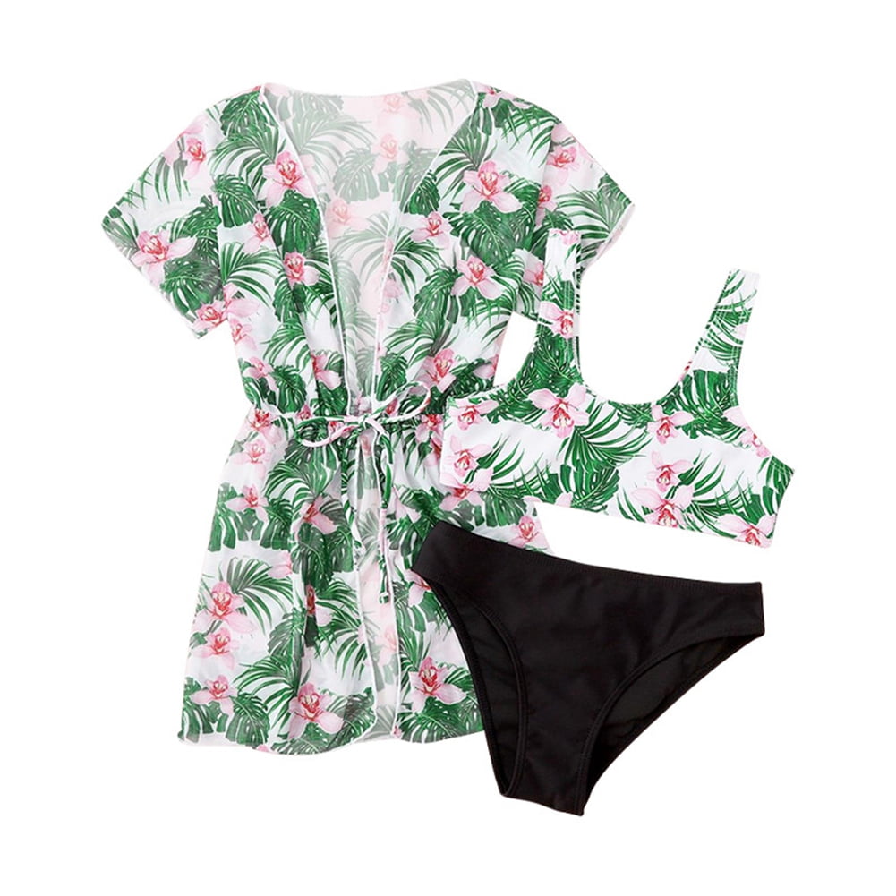 Girls Swimsuit 3 Piece,Tropical Floral Print Bikini Set,Hawaiian Style