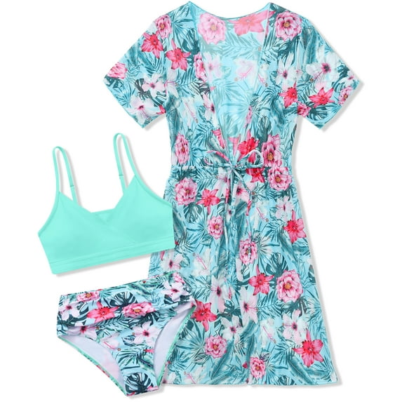 Ochine Girls Swimsuit 3 Piece Tropical Print Bikini Set with Cover-Up Quick-Dry Swimwear for Girls 9-16 Years