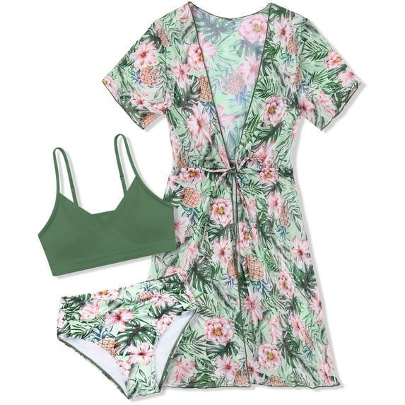 Ochine Girls Swimsuit 3 Piece Tropical Print Bikini Set with Cover-Up Quick-Dry Swimwear for Girls 9-16 Years