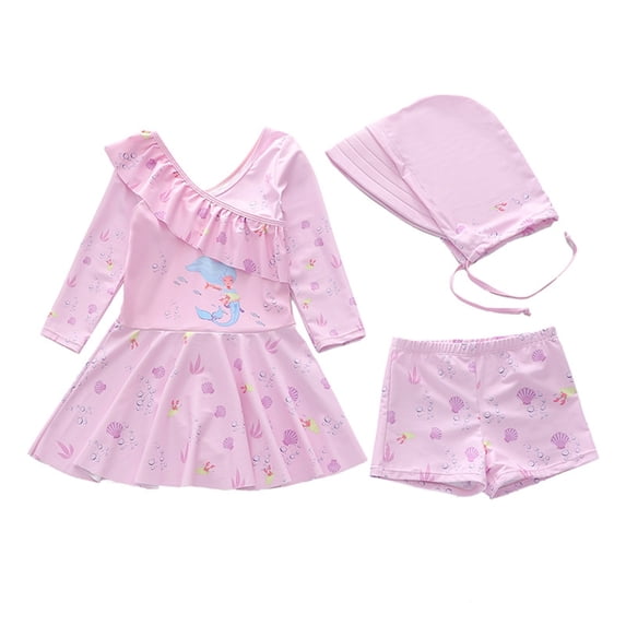 Girls Swimsuit 3 Piece with Skirt and Matching Swim Cap Cute Ruffle Tankini Set for Big Kids