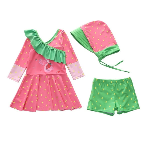 Girls Swimsuit 3 Piece with Skirt and Matching Swim Cap Cute Ruffle Tankini Set for Big Kids