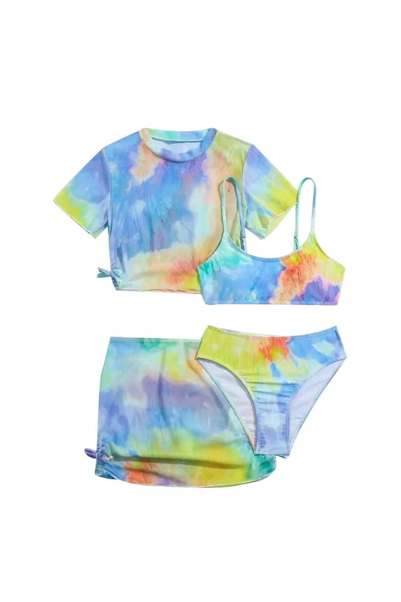Girls Swimsuit 4 Piece Tie Dye Prints Bikini Bathing Suit Briefs Bikini Beach Swimwear Set