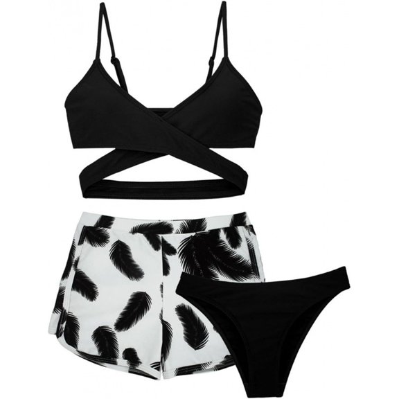 Girls Swimsuit 7-16Y Girls Bathing Suit Allover Tropical Print Swimsuits for Teen Girls 3 Piece Bikini with Cover Up 3 PCS Swimsuit