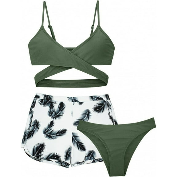 Girls Swimsuit 7-16Y Girls Bathing Suit Allover Tropical Print Swimsuits for Teen Girls 3 Piece Bikini with Cover Up 3 PCS Swimsuit