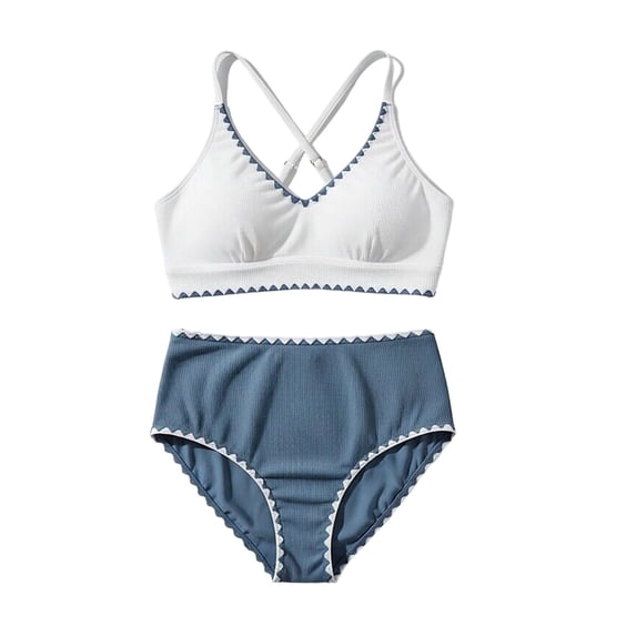 Girls Swimsuit 7-16Y Girls High Waisted Bikini Sets Sport Two Piece Swimsuit Solid Color Ribbed Bathing Suit with Pockets
