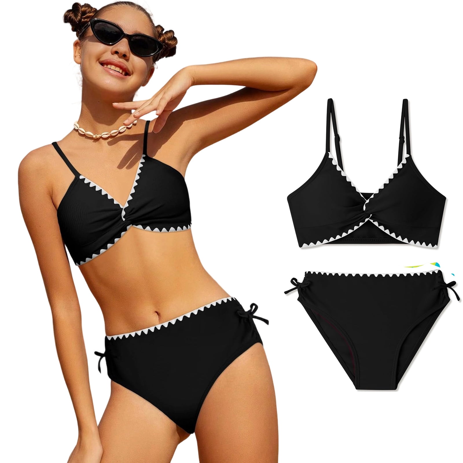 Girls Swimsuit Adjustable Adjustable Spaghetti Strap Design Print Bikini Set with Swim Bottoms 2 Piece Bathing Suits for Girls 7-16 Years