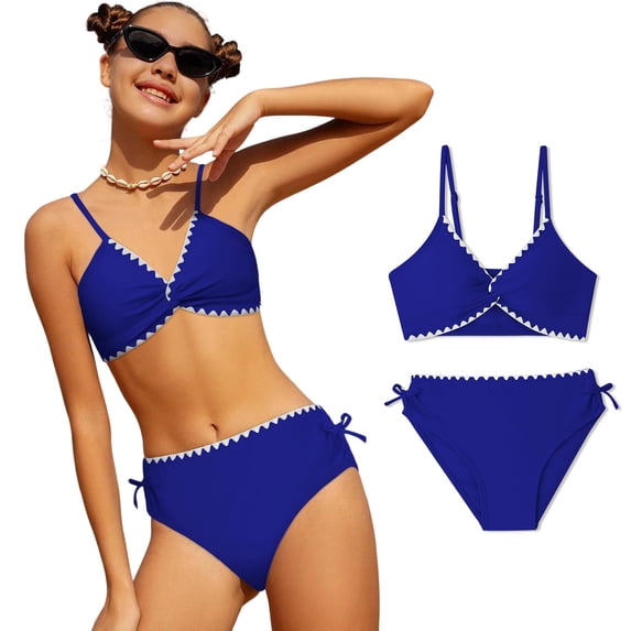 Girls Swimsuit Adjustable Adjustable Spaghetti Strap Design Print Bikini Set with Swim Bottoms 2 Piece Bathing Suits for Girls 7-16 Years