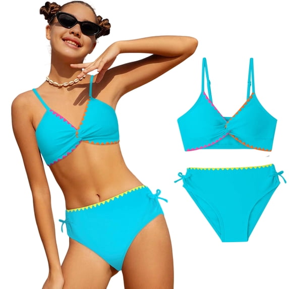 Girls Swimsuit Adjustable Adjustable Spaghetti Strap Design Print Bikini Set with Swim Bottoms 2 Piece Bathing Suits for Girls 7-16 Years
