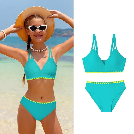 Girls Swimsuit Adjustable Double Strap Design Print Bikini Set with Swim Bottoms 2 Piece Bathing Suits for Girls 7-16 Years