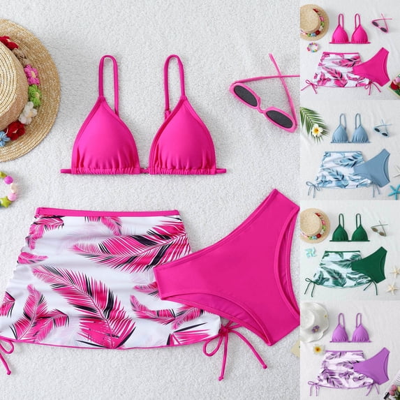  Girls Swimsuit Adjustable Straps 3 Piece Bathing Suit Summer Leaf Printed Bikini Set with Cover Up Skirt