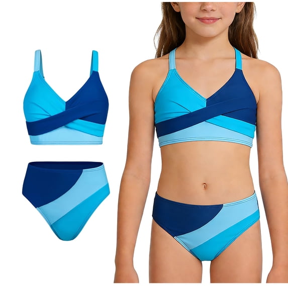 Girls Swimsuit Adjustable Straps Color Block Print Bikini Set with Swim Bottoms 2 Piece Bathing Suits for Girls 7-16 Years
