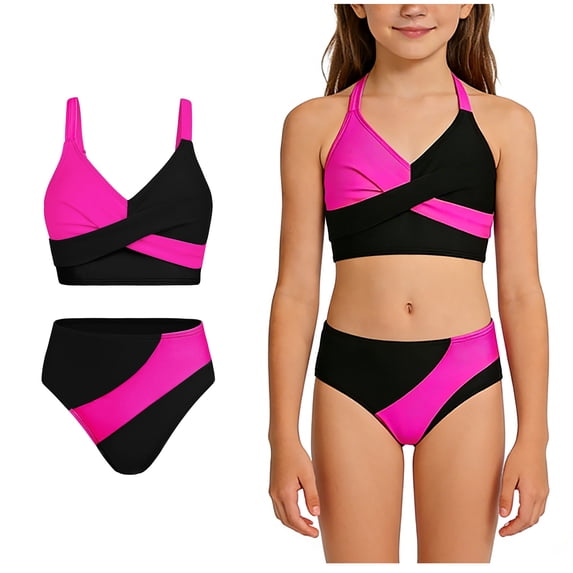 Girls Swimsuit Adjustable Straps Color Block Print Bikini Set with Swim Bottoms 2 Piece Bathing Suits for Girls 7-16 Years