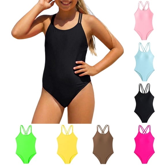 Girls Swimsuit Adjustable Straps Cross Back Swimwear Summer Beach Girls Black Swimsuit Size 8-16 Years