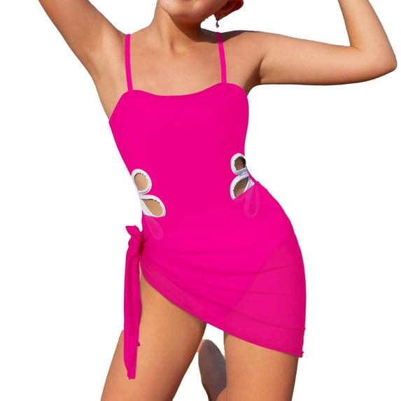 Girls Swimsuit Adjustable Straps Out Bathing Suit Girls' Swimwear 1pc Round Neckline Solid Color Cut Out Swimsuit and 1 Pcsilk Scarf girls swim suits