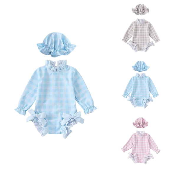 Girls Swimsuit Baby Rash Guard Girls Long Sleeve Swimsuit Romper with Matching Hat Sun Protection Bathing Suit Quick-Dry Beach Wear for Toddlers