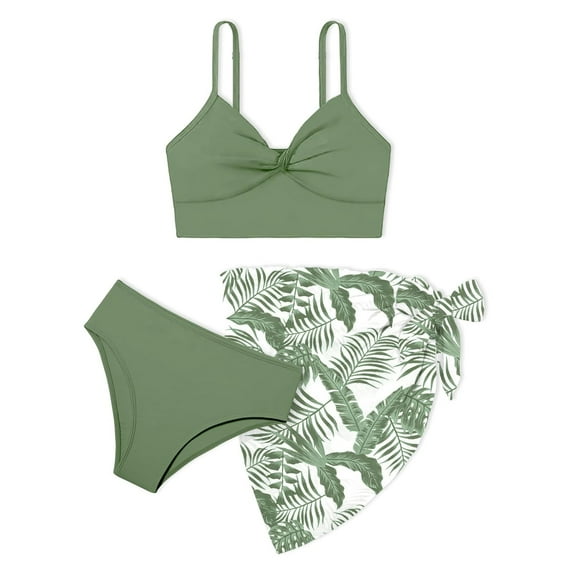 Girls Swimsuit Bathing Suit Floral Tropical Print 3 Piece Swimwear Bikini with Cover Up,Z-Green,9-10 Years