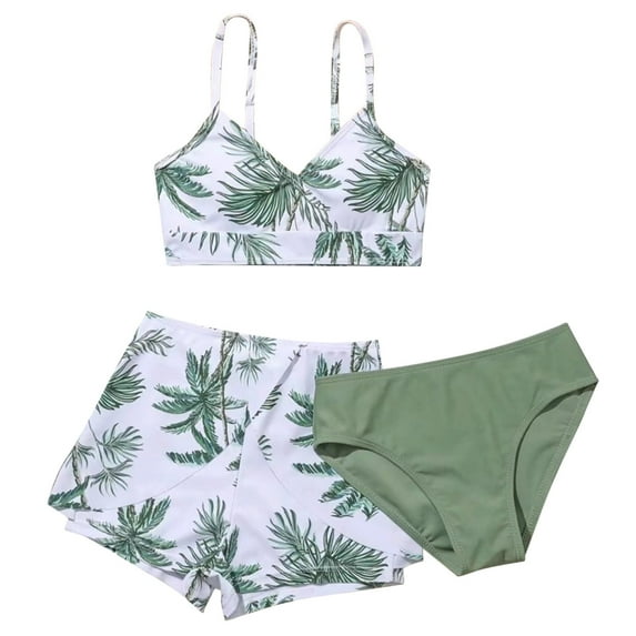 Girls Swimsuit Bathing Suit Floral Tropical Print 3 Piece Swimwear Bikini with Cover Up,Z0-White,8-9 Years