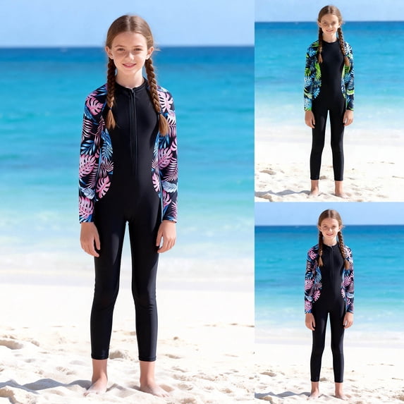Girls Swimsuit Bathing Suit Long Sleeve Gradient Floral Print Surfing Diving with Full Leg Coverage for Kids Swimwear