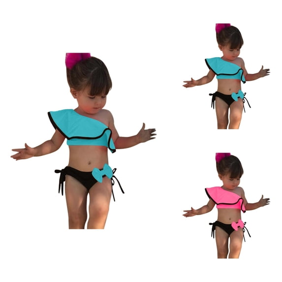 Girls Swimsuit Bathing Suits for Girls Swimwear for Kids Summer One Shoulder Bathing Suit with Ruffles Bowknot Two Piece Off Shoulder Bikini for Toddlers and Girls