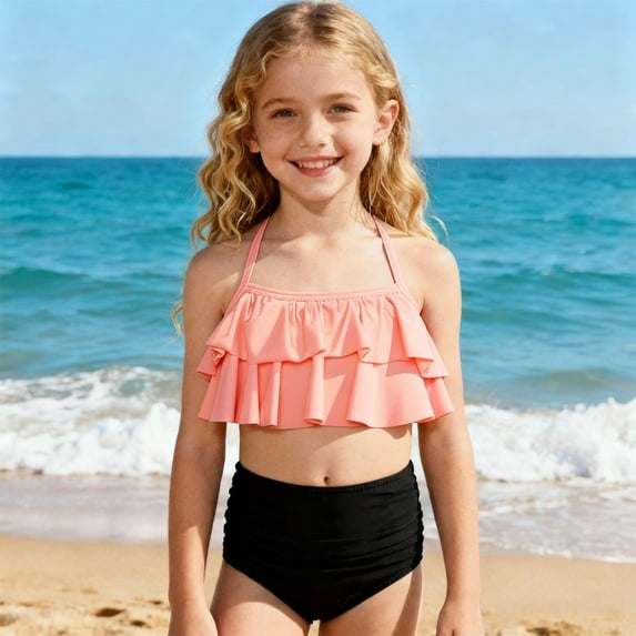 Girls Swimsuit Bikini Set 2 Piece Bathing Suit Adjustable Straps Tiered Ruffled Swimwear for Teen Girls