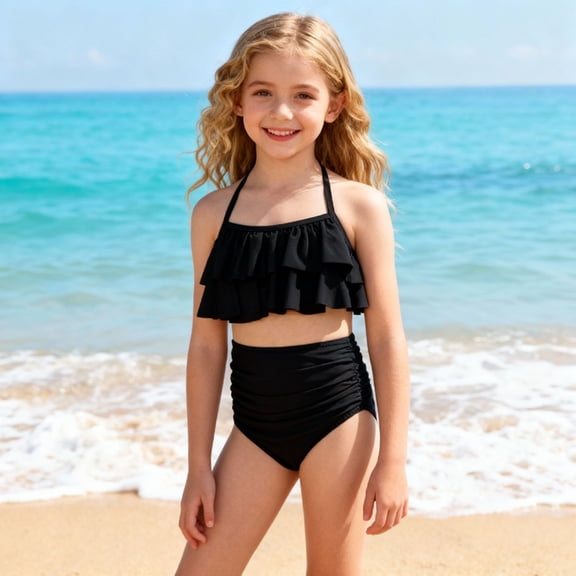 Girls Swimsuit Bikini Set 2 Piece Bathing Suit Adjustable Straps Tiered Ruffled Swimwear for Teen Girls