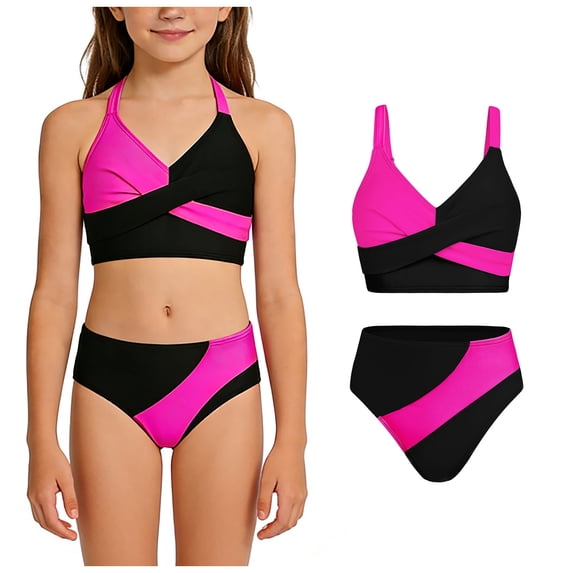 Girls Swimsuit Bikini Set 2 Piece Bathing Suits Adjustable Straps Color Block V Neck Swimwear Size 7-16
