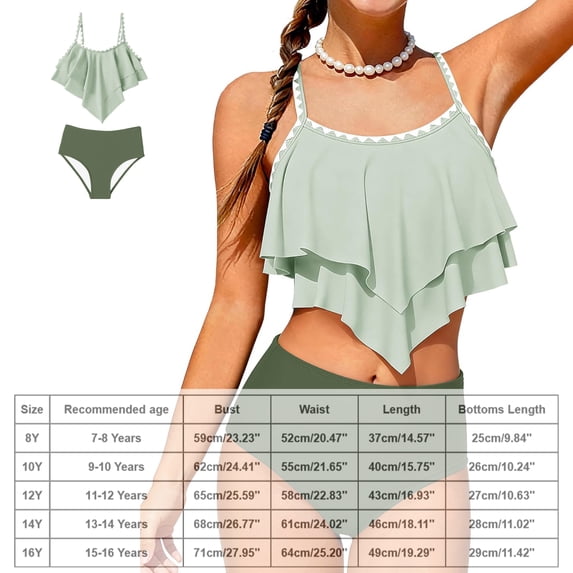 Girls Swimsuit Bikini Set 2 Piece Tiered Swimsuits Mint Green Beach Bikini Beach Outfit 7-8 Years