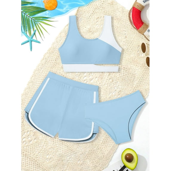 Girls Swimsuit Bikini Set, 3 Piece Girl Bathing Suits Color Block Cutout Swimwear with Shorts Size 7-16