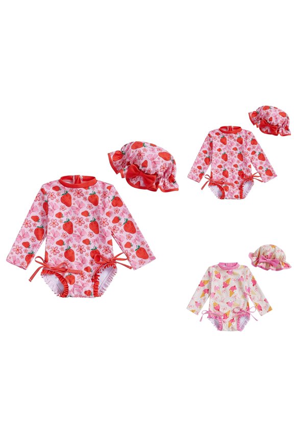 Girls Swimsuit Cartoon Ice Swimwear Girls Swimsuit with Matching Hat Cute Summer Beach Bathing Suit Fun Graphic Print Outfits for Toddlers Kids