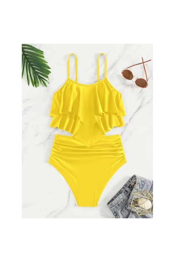 Girls Swimsuit Color Block One Piece Swimsuit 2-Tiered Ruffle Bathing Suit Adjustable Strap Girls' Swimwear 7-16Y