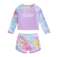 thumbnail image 1 of Girls Swimsuit Color Block Rash Guard Long Sleeve Two Piece Bathing Suit with Leaf Print Cute for Toddler Kids Summer Beach Pool Swimwear 4-5 Years, 1 of 7