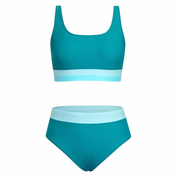 Girls Swimsuit Color Block Square Neck Adjustable Straps Bikini Sets Girl Two Piece Bathing Suits with Chest Pad