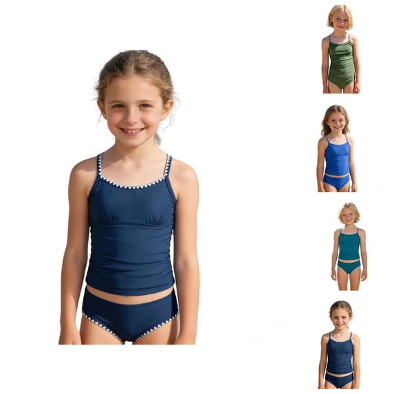 Girls Swimsuit Contrast Trim Swimwear Girls Solid Color 2 Piece Bathing Suit Padded Sporty Swimsuit for Teens and Youth Age 8-14 Years
