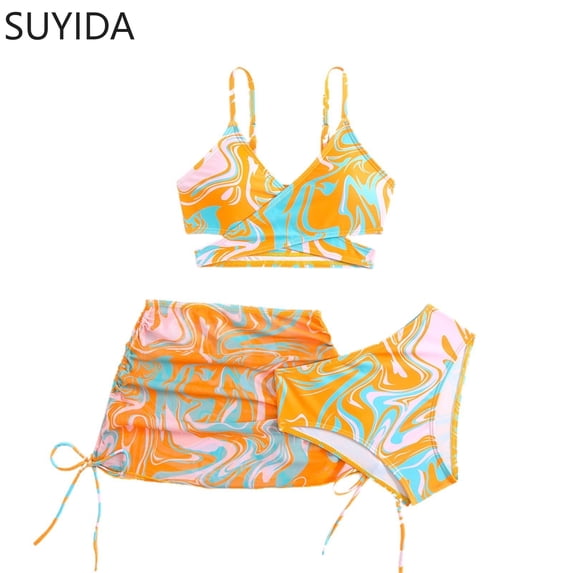 Girls Swimsuit Cover Up Cut Out Bikini Set Drawstring Bottoms Tankini 3pcs Allover Printed Girls Bathing Suit size 8