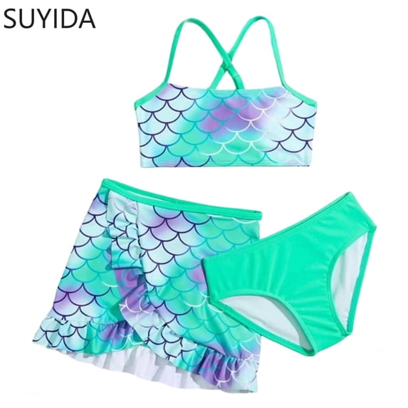 Girls Swimsuit Cover Up Ribbed Bikini Sets for Teen Girls Tie-Straps Tankini Sets 3-Piece Cute Pattern Print Teen Bathing Suit