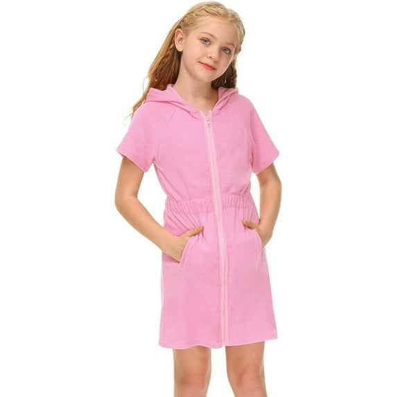 Girls Bathing Suit Cover Up Zip-Up Cozy Bathrobe Hoodie Dress with Pockets Girls Bathrobe for Kids 6-7 Years