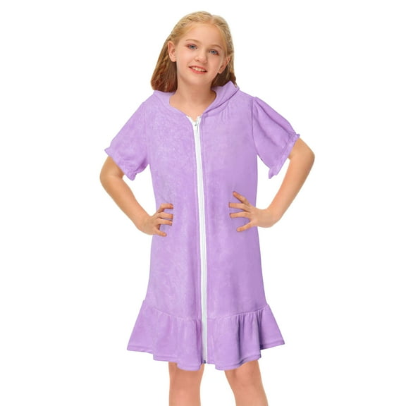 Girls Swimsuit Coverup Zip Up Robe Hoodie Dress Rufflebutts Swimsuit Girls Towel Dress for Kids 6-7 Years