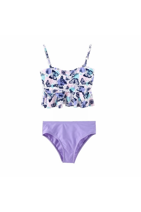 Girls Swimsuit Cute Butterfly Print Summer 2 Piece Bikini Swimming Class Swimwear