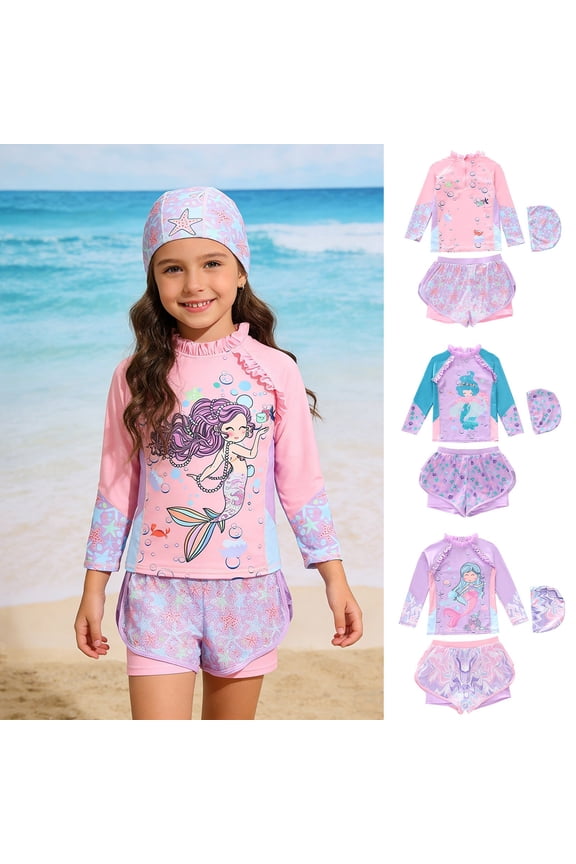 Girls Swimsuit Cute Korean Style 2 Piece Swimsuit Beach Pool with Cap Girls Bathing Suits Pink 9-10 Years