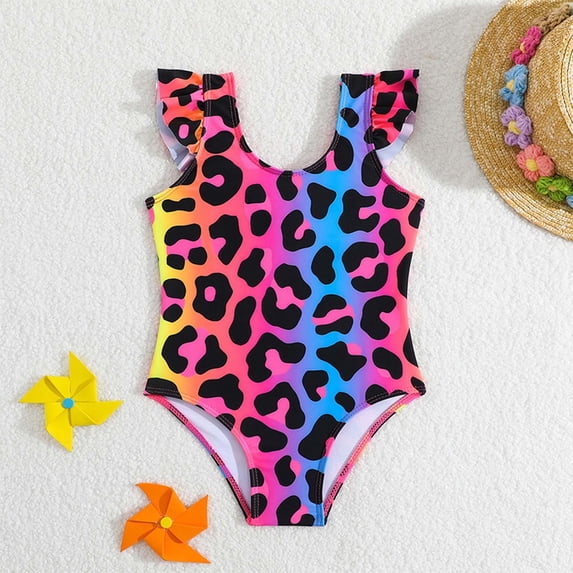 Girls Swimsuit Cute Leopard Print One Piece Swimwear with Sun Protection Ruffles Bathing Suit Summer Swim Purple 3-4 Y