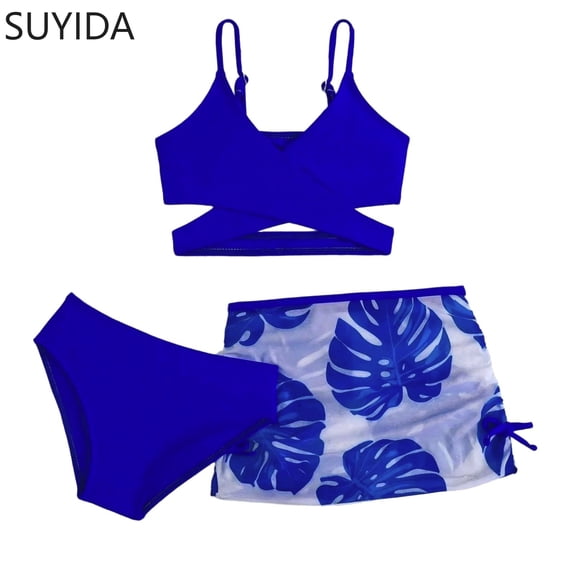 Girls Swimsuit Cute Ruffle Bikini Set Drawstring Tankini Set 3-Piece Cute Pattern Print Girls Bathing Suit size 12