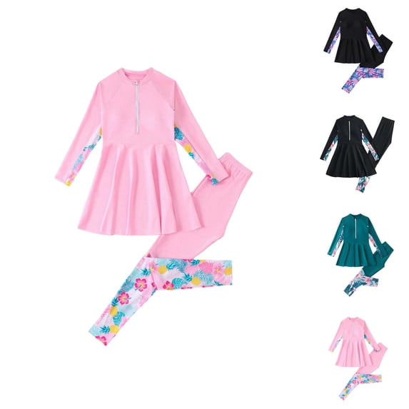 Girls Swimsuit Full Coverage Swimwear Girls Two Piece Long Sleeve Rash Guard and Swim Pants Sun Protection Suit for Youth and