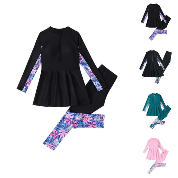 Girls Swimsuit Full Coverage Swimwear Girls Two Piece Long Sleeve Rash Guard and Swim Pants Sun Protection Suit for Youth and
