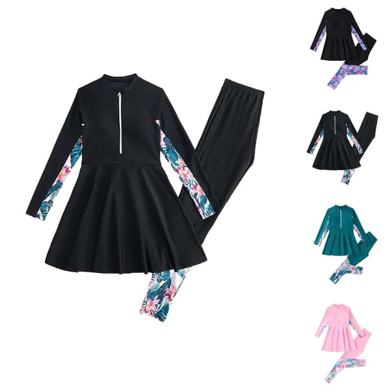 Girls Swimsuit Full Coverage Swimwear Girls Two Piece Long Sleeve Rash Guard and Swim Pants Sun Protection Suit for Youth and