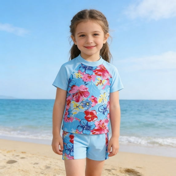 Girls Swimsuit Girl's Cute Cartoon Floral Print Short Sleeve Swimsuits with Shorts for Toddlers Toddler Bathing Suit Girl Blue 1-2 Years