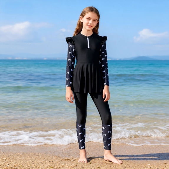 Girls Swimsuit Girl's Long Sleeve Two Piece Rash Guard Athletic Swim Dress with Skirt Toddler Bathing Suit Girl Black 9-10 Years