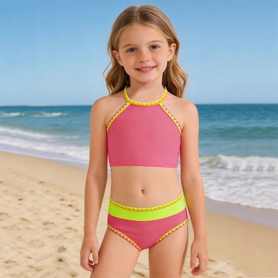 Girls Swimsuit Girl's Solid Color Two Piece Bikini Set for Summer Beach Toddler Bathing Suit Girl Hot Pink 3-4 Years