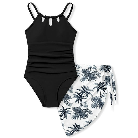Girls Swimsuit, Girls Swimsuits Size 10-12 Quick Dry Cut Out One Piece Bathing Suit with Tropical Print Cover Up Skirt Kids Bathing Suit Swimwear Set