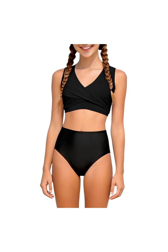 Girls Swimsuit High Waisted Bikini Set Solid Color V Neck Two Piece Bathing Suit with Adjustable Straps Swimwear Black 3-4 Years