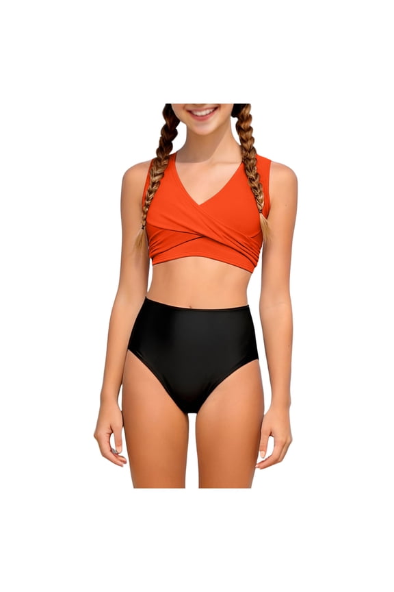 Girls Swimsuit High Waisted Bikini Set Solid Color V Neck Two Piece Bathing Suit with Adjustable Straps Swimwear Orange 9-10 Years